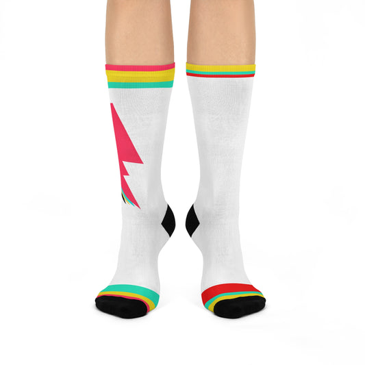 Hot Banana Lightning Bolt Crew Socks — Retro Rainbow Trim Cushioned Socks