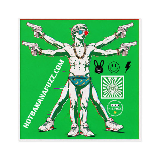 Vitruvian Gunman Square Sticker — Retro Neon Graphic, Hotbananafuzz.com Logo
